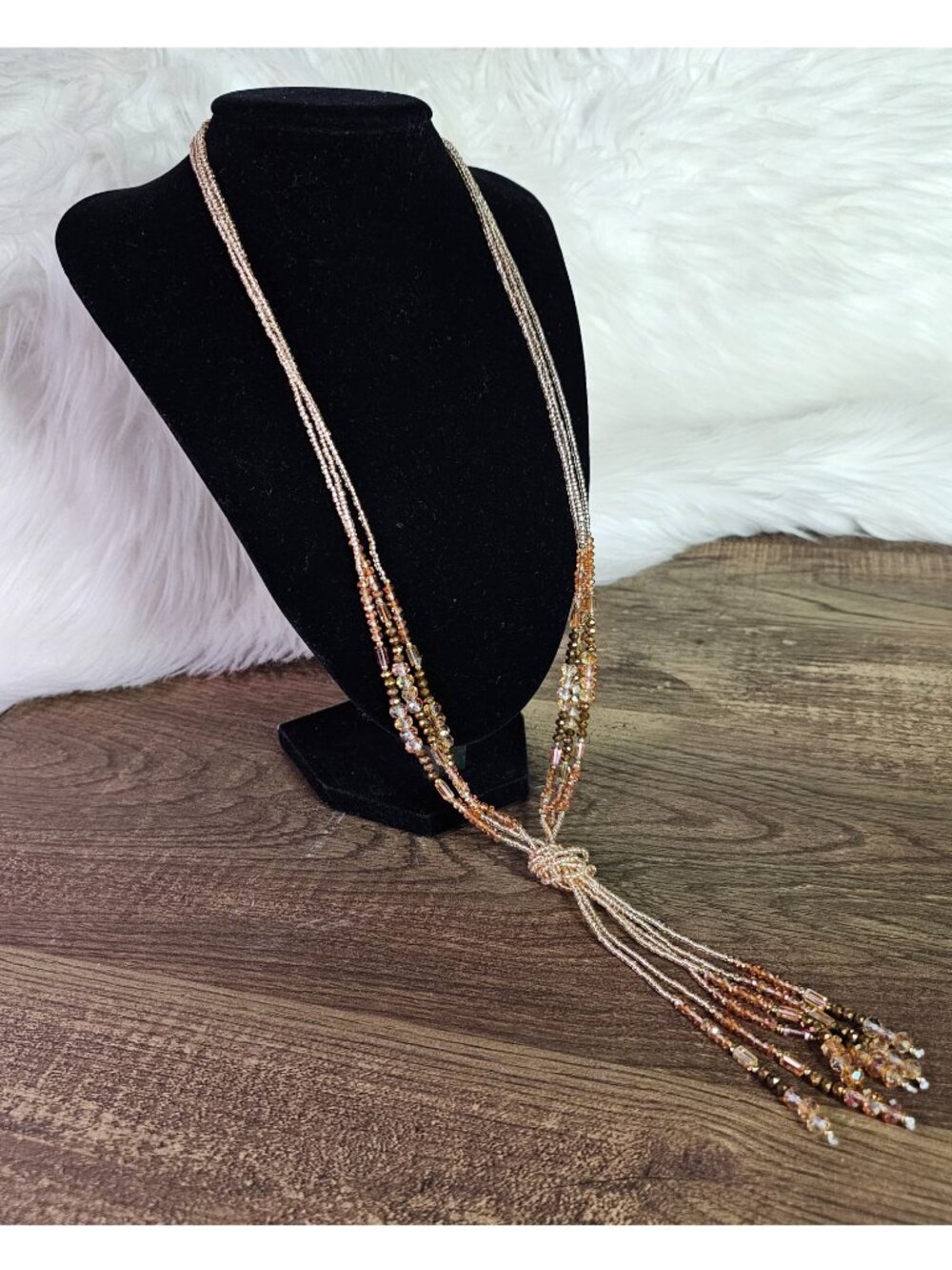 SAACHI Glass Beaded Tassel Knot Necklace, Champagne / Rose Gold